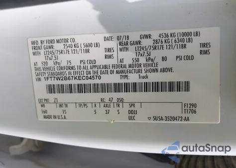 2019 Ford F-250 Xl from USA, damaged, VIN 1FT7W2B67KEC04570